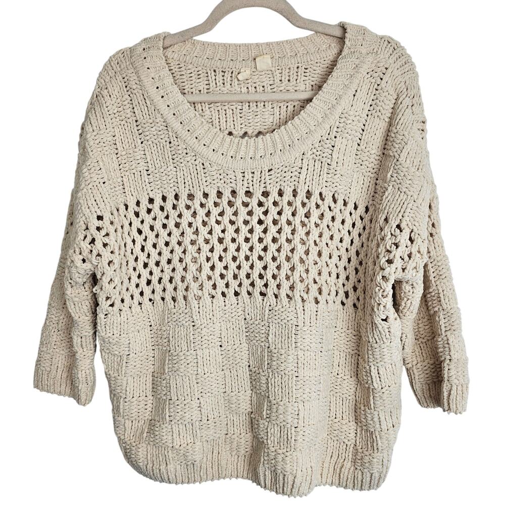 Anthropologie Moth Womens Open Knit Crew Neck Sweater Size M Boho Lagenlook Tan